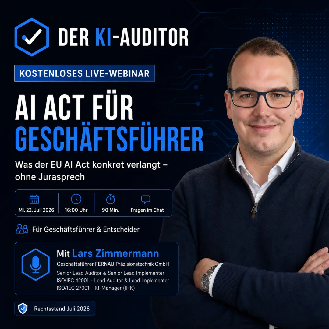 Kostenloses Live-Webinar AI Act für Geschäftsführer mit Lars Zimmermann am 22. Juli 2026